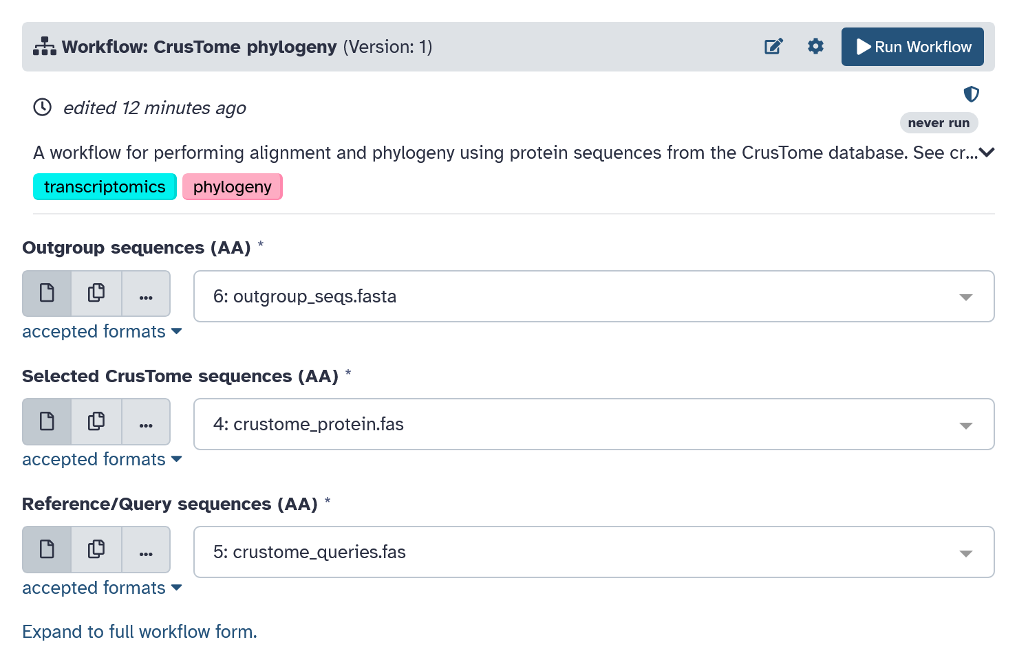 Choose workflow inputs