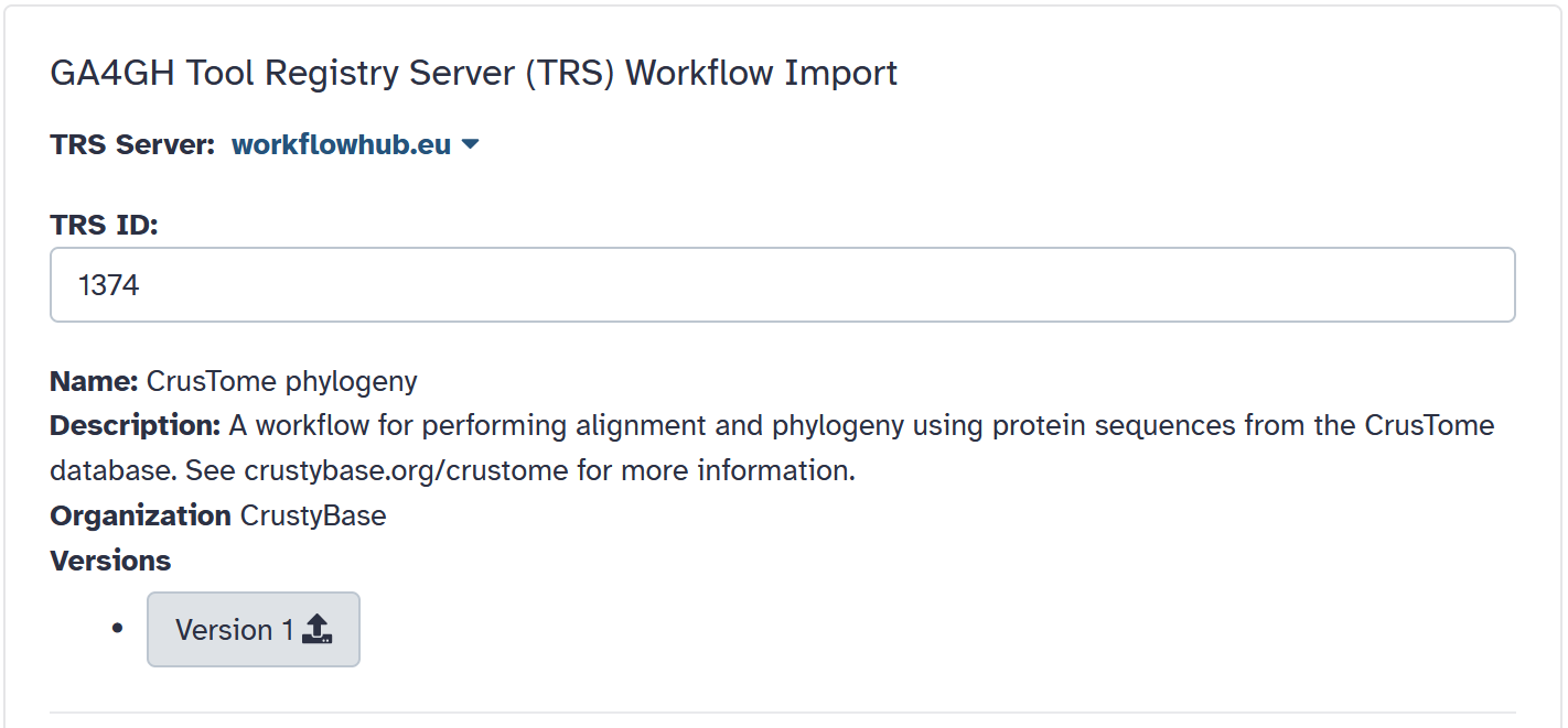 Workflow import Galaxy interface
